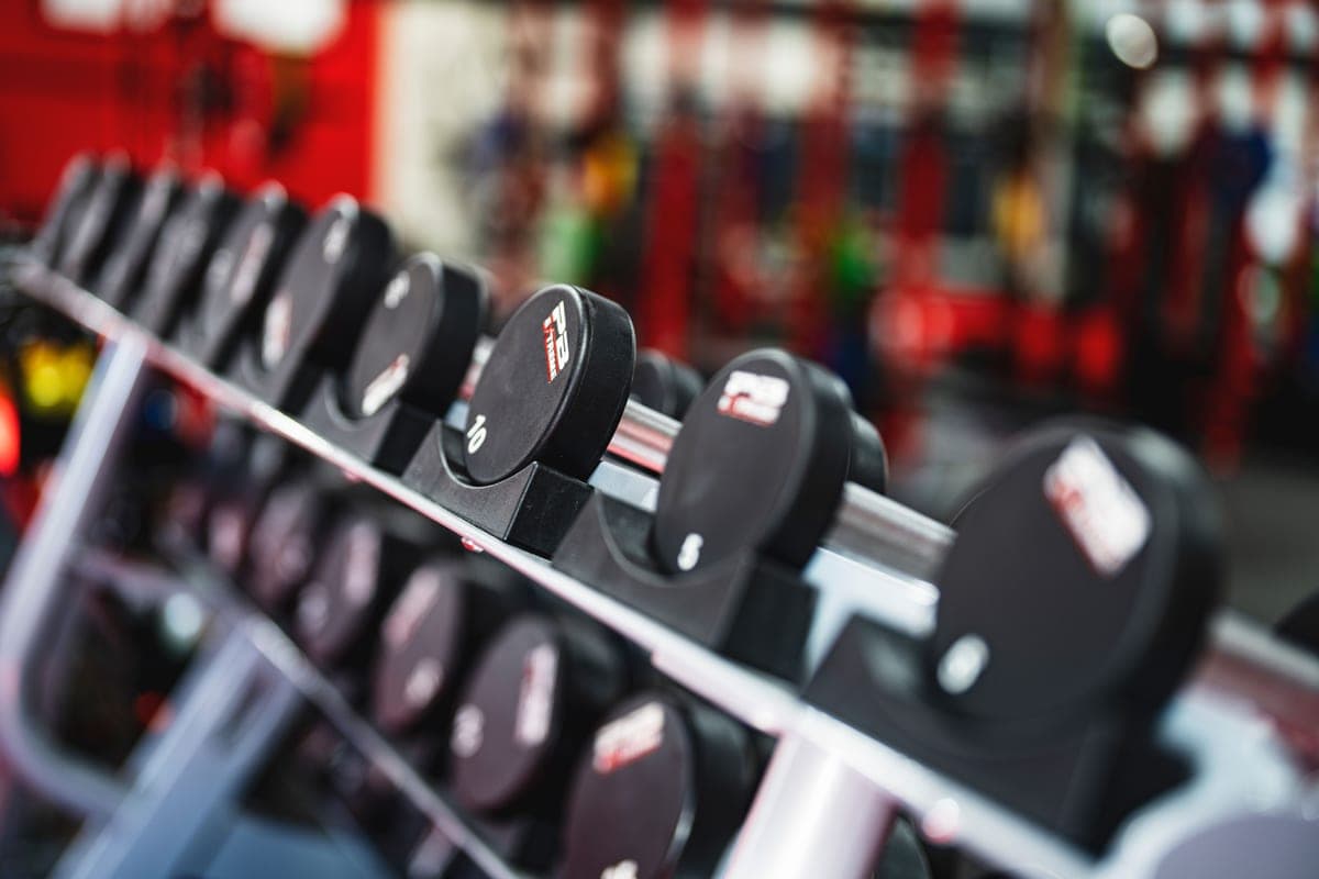A rack of dumbbells in a modern gym